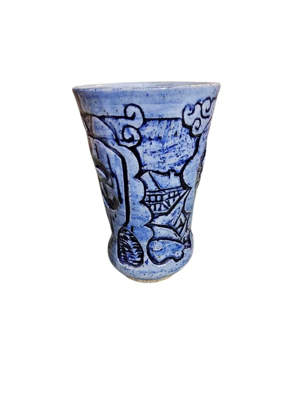 Blue Ceramic Decor Vase With Intricate Nautical & Floral